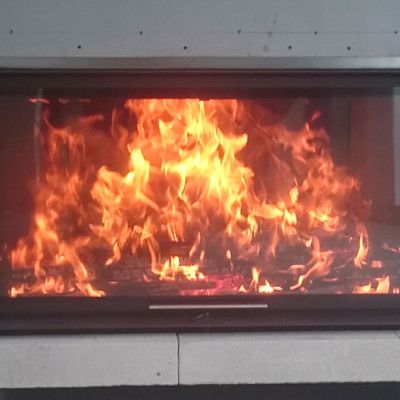 Горение в камине с топкой фирмы Brunner модель 57/25/121/25 с притоком воздуха с улицы.